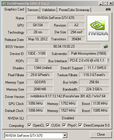 Характеристики Palit GTX 670 JetStream в разгоне