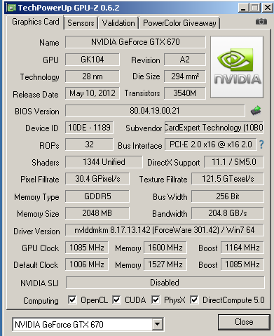 Характеристики Gainward GTX 670 Phantom в разгоне