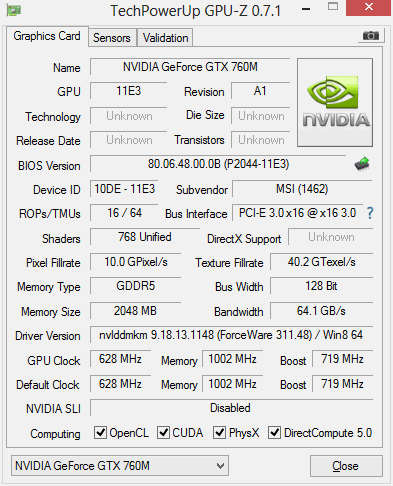 Характеристики NVIDIA GeForce GTX 760M