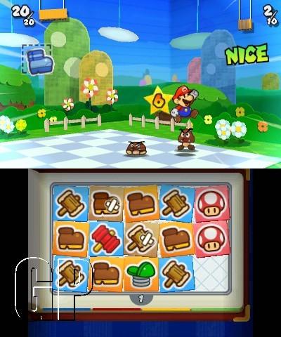 Марио атакует прыжком простейших врагов: двух гумба. Для этого он использует наклейку, позволяющую прыгнуть на каждого в линии по очереди