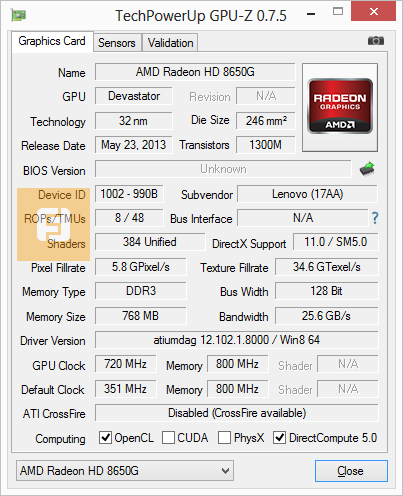 Спецификации графического ядра AMD Radeon HD 8650G