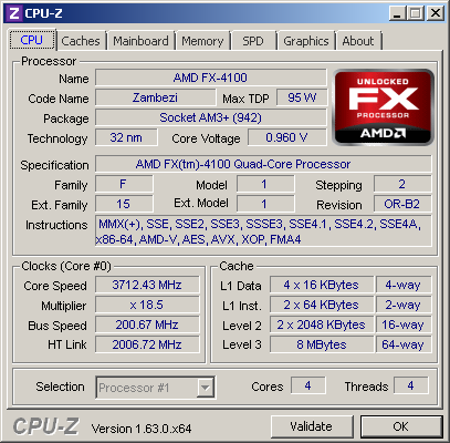 AMD FX-4100, скриншот CPU-Z, номинал