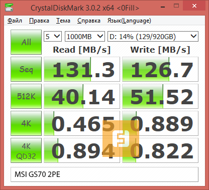 Результаты тестирования жёсткого диска MSI GS70 2PE Stealth Pro в CrystalDiskMark