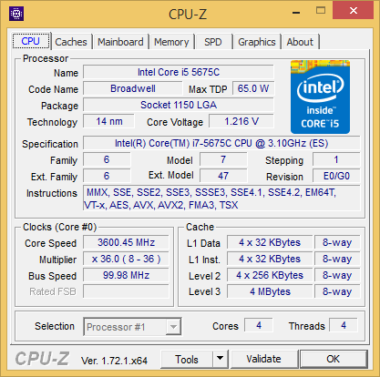 Скриншот CPU-Z центрального процессора Intel Core i5-5675C