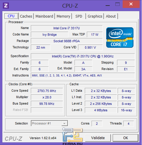 Информация о процессоре Sony VAIO Duo 11