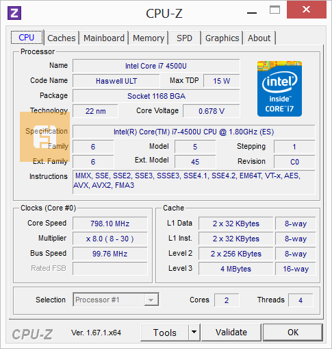 Спецификации процессора Intel Core i7-4500U