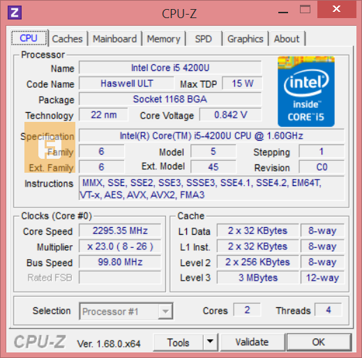 Спецификации процессора Intel Core i5-4200U