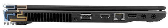 Левый торец Acer Aspire TimelineX 5820TG: Kensington Lock, блок вентиляционных отверстий, D-SUB, HDMI, RJ-45, USB и аудиоразъемы