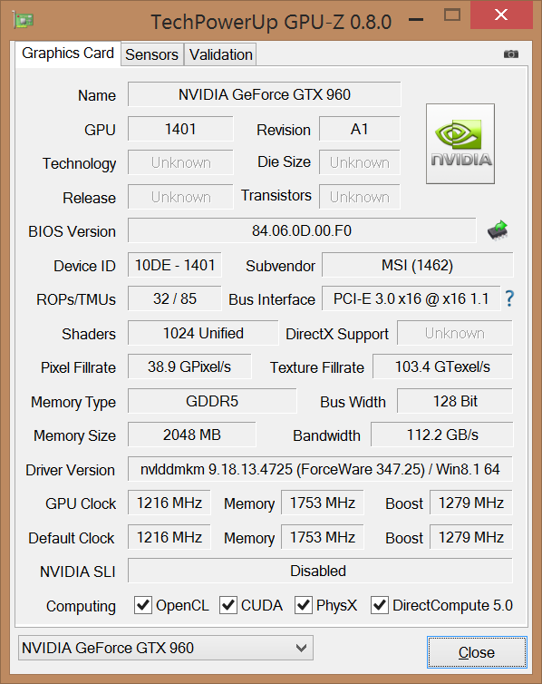 Скриншот GPU-Z видеокарты MSI GeForce GTX 960 GAMING 2G