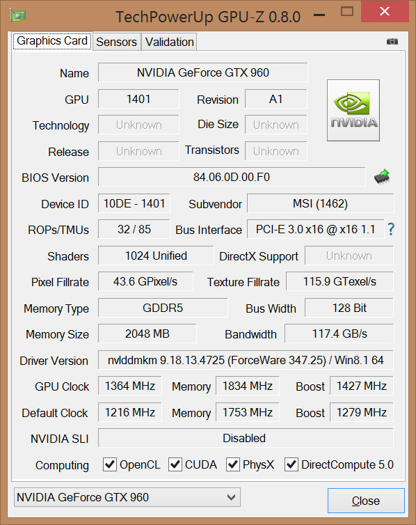 Разгон MSI GeForce GTX 960 GAMING 2G до стабильных частот