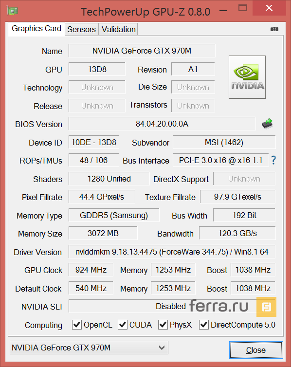 Характеристики NVIDIA GeForce GTX 970M