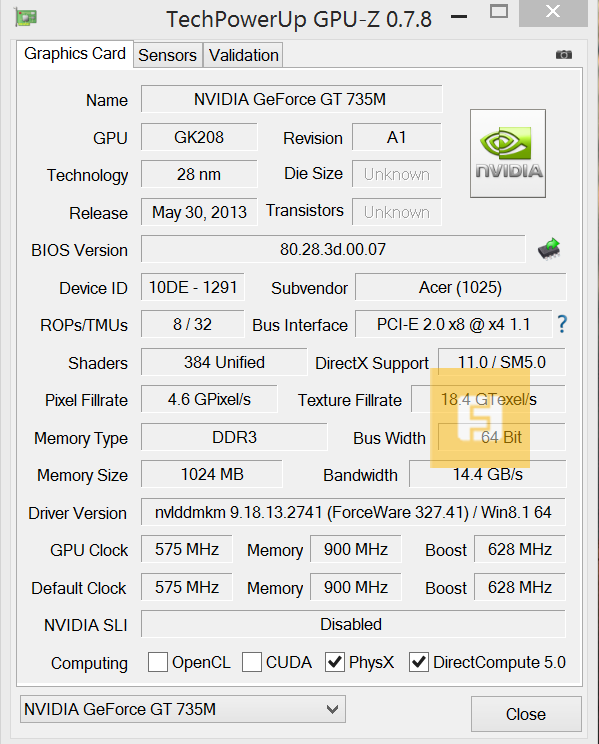 Характеристики NVIDIA GeForce GT 735M