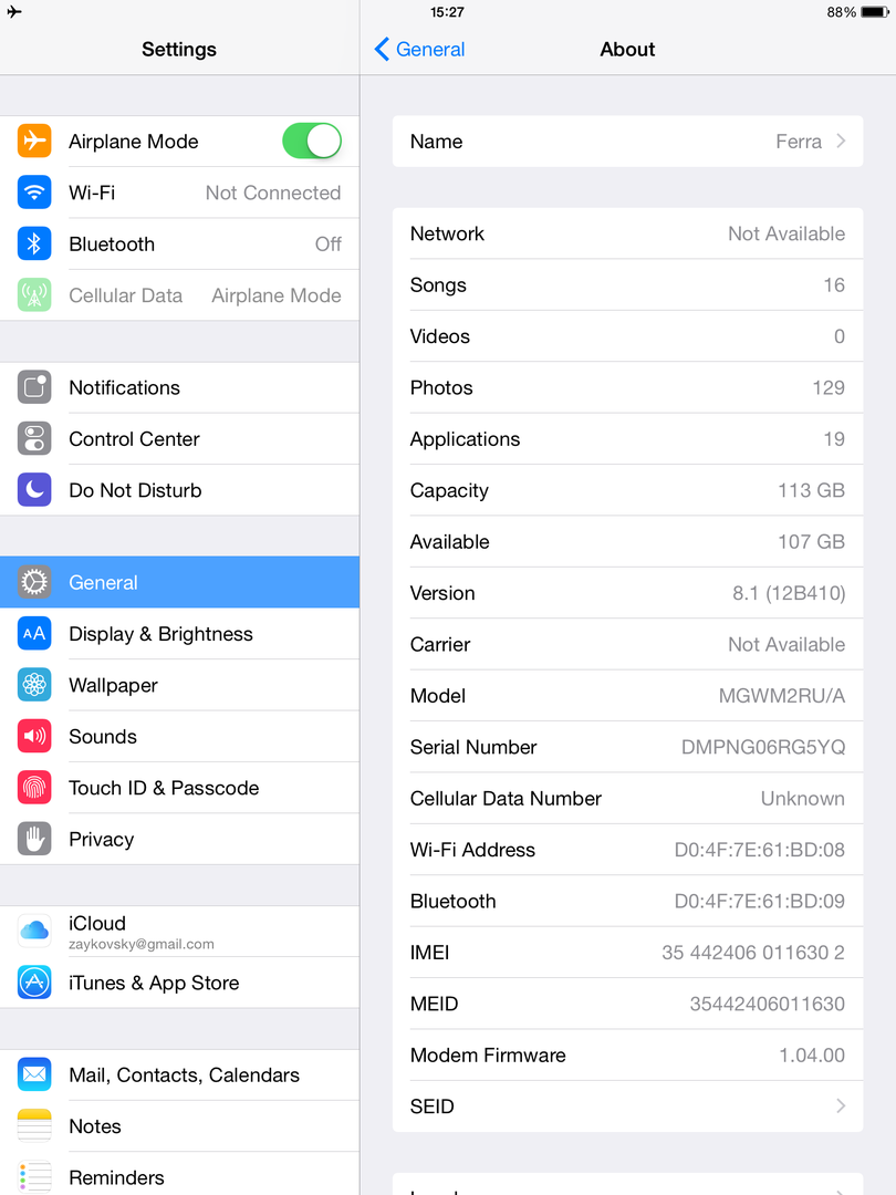 Доступный объем памятия на iPad Air 2