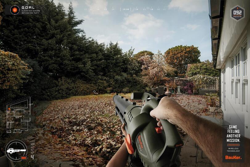 Реклама строительных инструментов, стилизованная под шутер