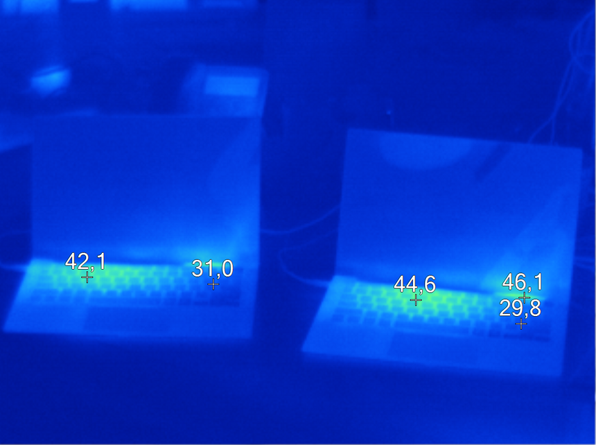 Температура корпусов старого и нового Dell XPS 13 во время стресс-тестирования