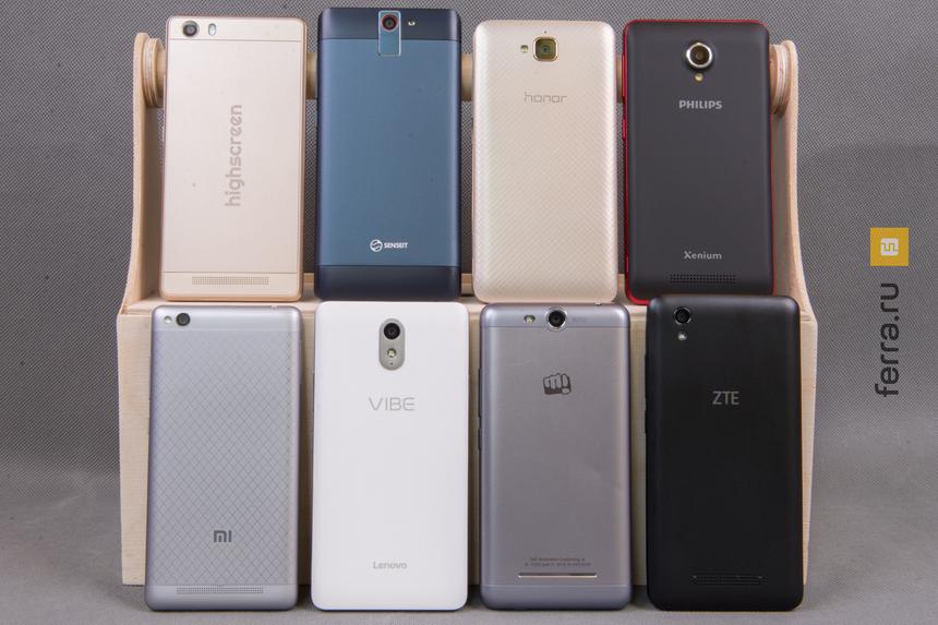Слева направо. 1 ряд: Highscreen, Senseit, Honor, Philips; 2 ряд: Xiaomi, Lenovo, Micromax, ZTE