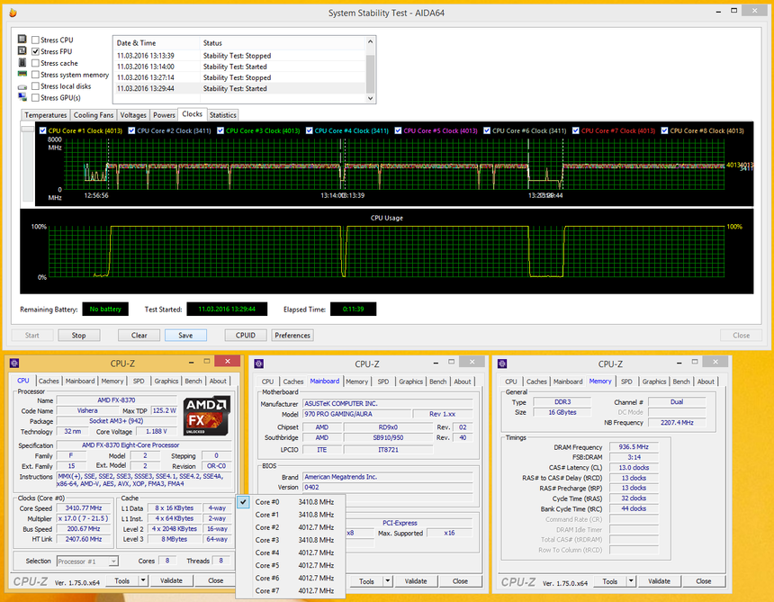 Работа ASUS 970 PRO Gaming/Aura в номинальном режиме