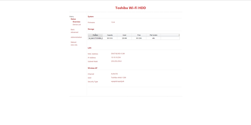 Веб-интерфейс TOSHIBA Canvio AeroCast