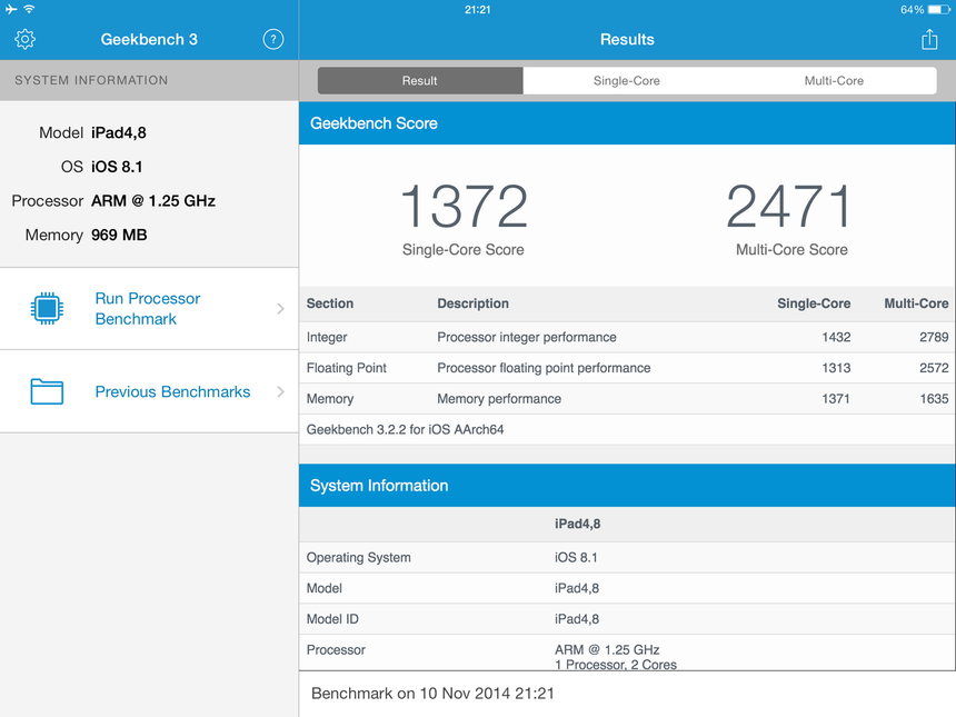 Результаты тестирования iPad mini 3 в GeekBench 3