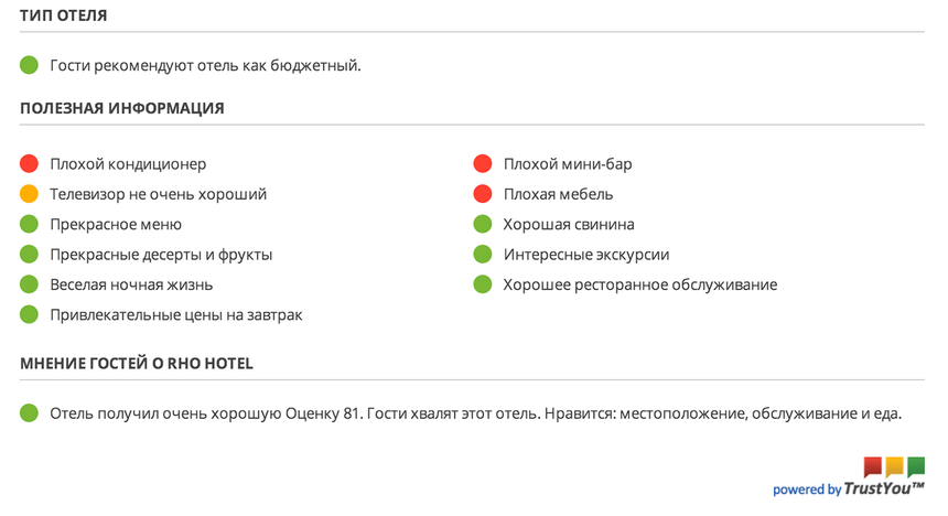 Список плюсов и минусов выбранного варианта на hotellook.com