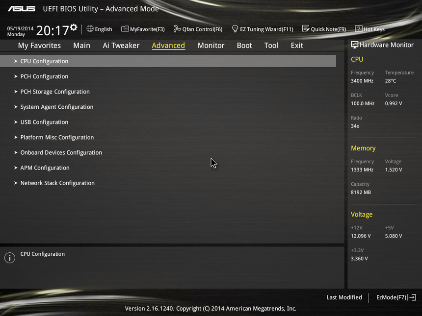 ASUS Z97-Deluxe, UEFI BIOS, вкладка Advanced