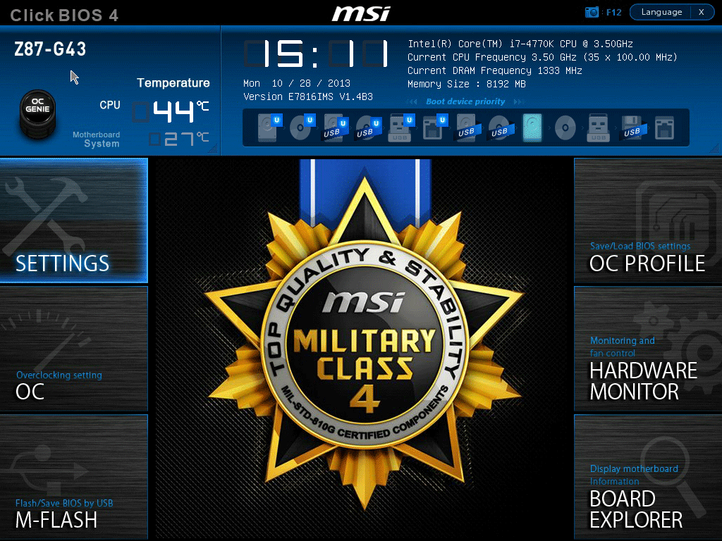 MSI B85-G43, главное меню