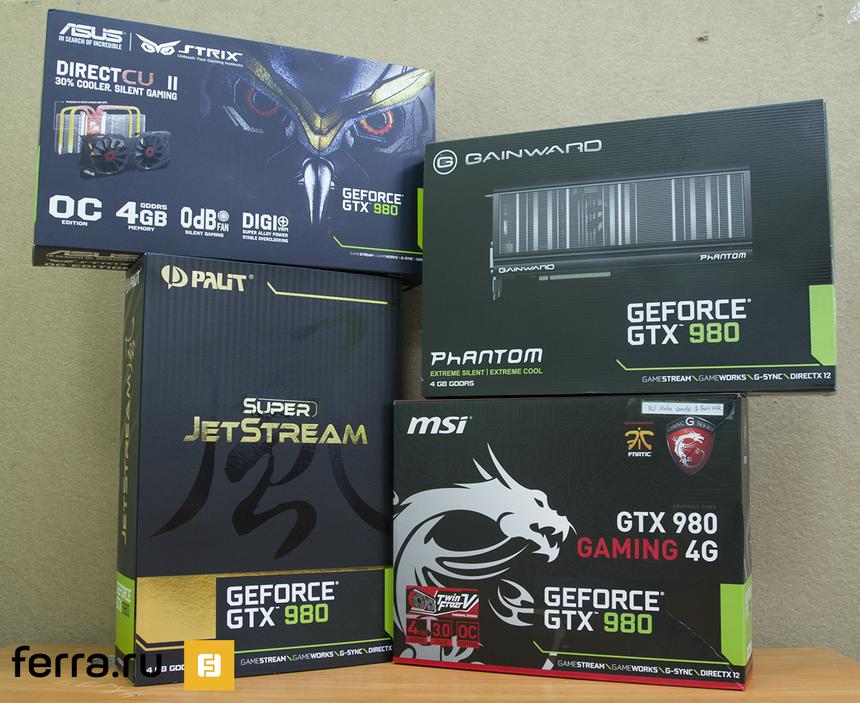 Упаковки четырех видеокарт от ASUS, GAINWARD, MSI и Palit