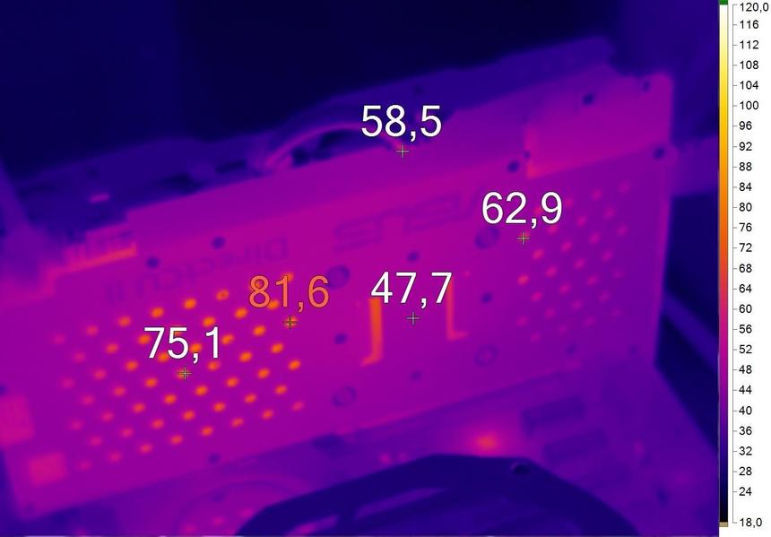 Нагрев оборотной стороны ASUS STRIX GeForce GTX 980 OC Edition (STRIX-GTX980-DC2OC-4GD5)