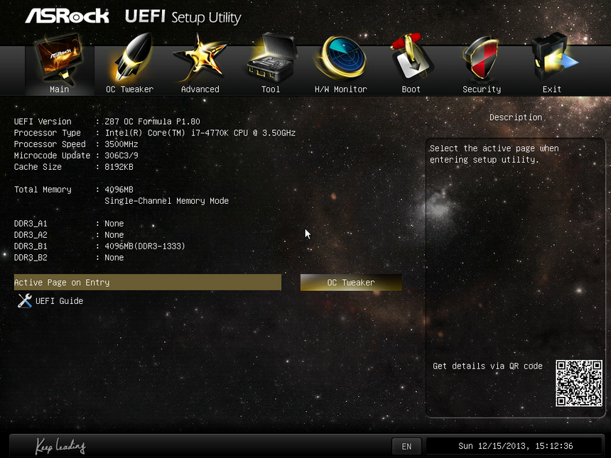 Главное меню UEFI BIOS материнской платы ASRock Z87 OC Formula