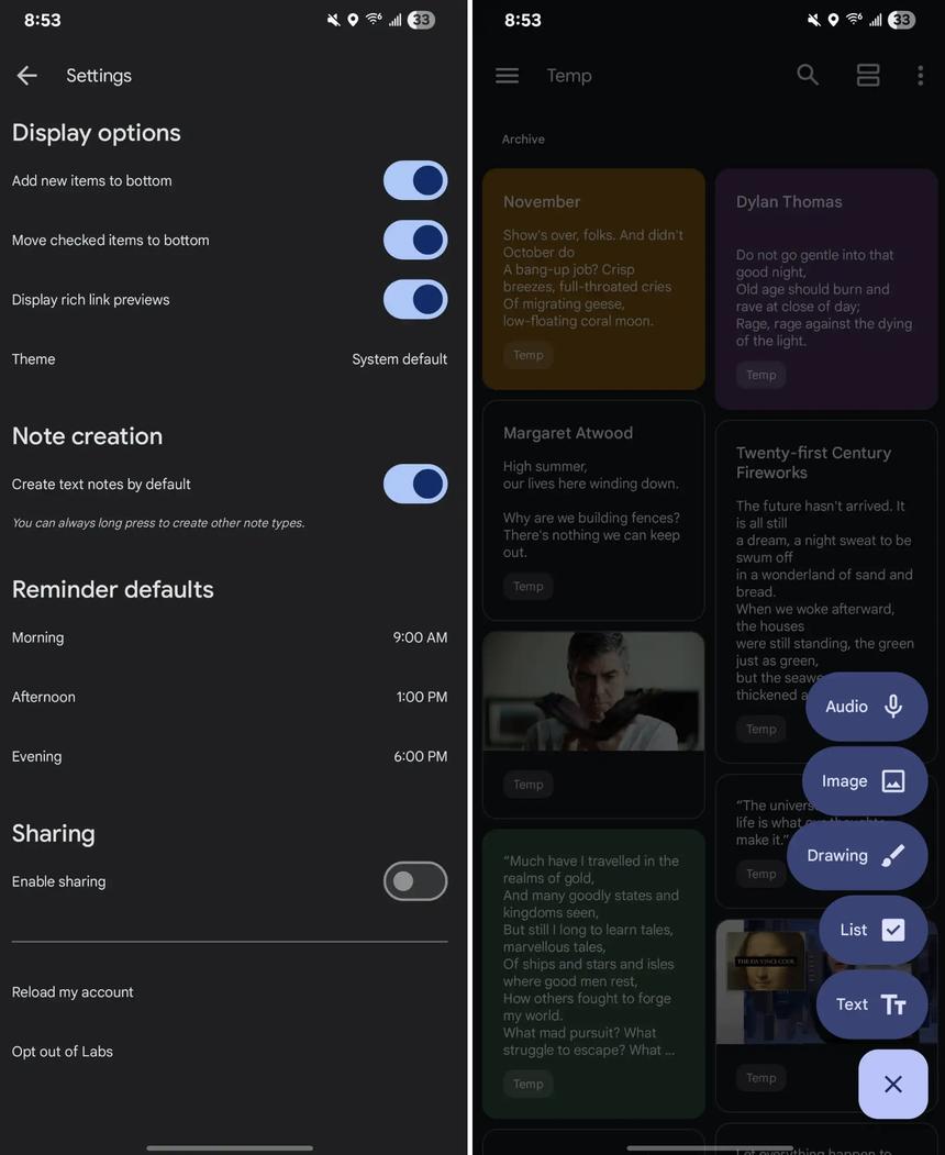В приложении Google Keep текстовые заметки станут форматом по умолчанию