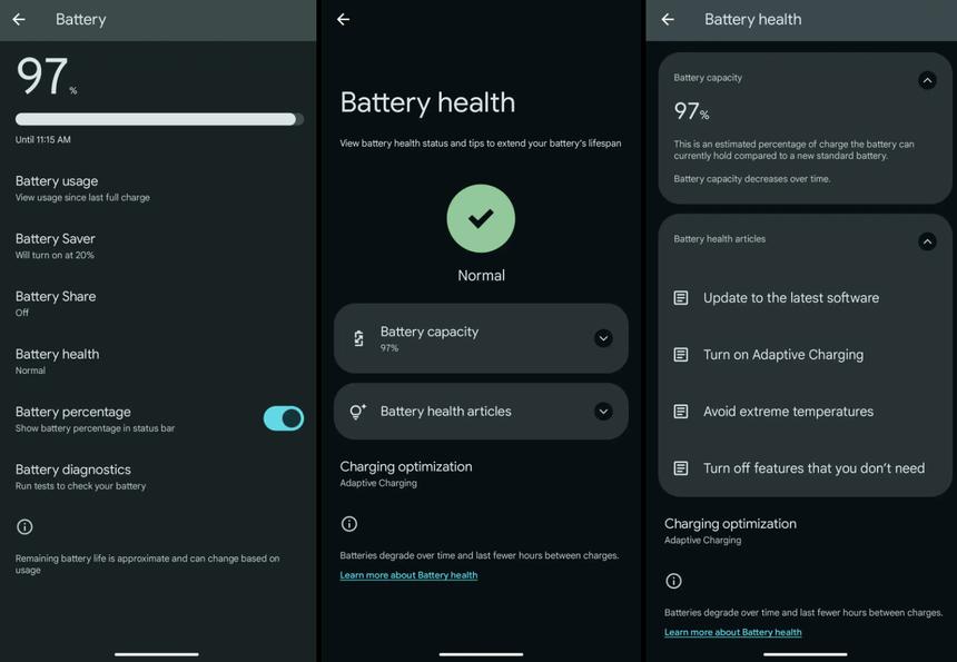 В смартфонах Pixel исчезла страница «Состояние батареи»