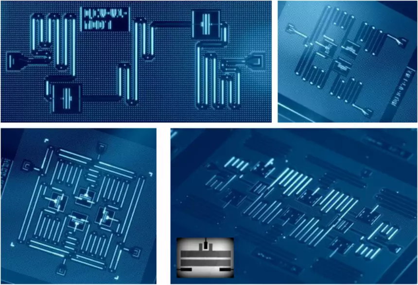 Четыре устрйоства от IBM в 2017 году. Устройство в левом верхнем углу содержит 2Q (кубита)/1B (бит)/2R(выводных резонатора). В правом верхнем углу — устройство с 3Q/2B/3R, в левом нижнем — с 4Q/4B/4R, а в правом нижнем углу — устройство с 8Q/4B/8R