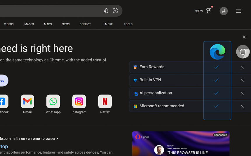 Поиск Bing при запросе «Chrome» выводит таблицу, где Edge всегда оказывается лучше Chrome